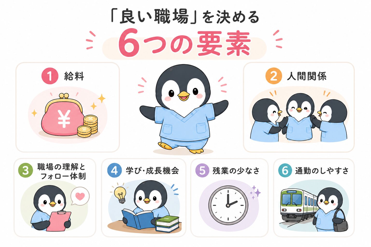 「良い職場」を決める6つの要素(給料・人間関係・職場の理解とフォロー体制・学び成長機会・残業の少なさ・通勤のしやすさ)
