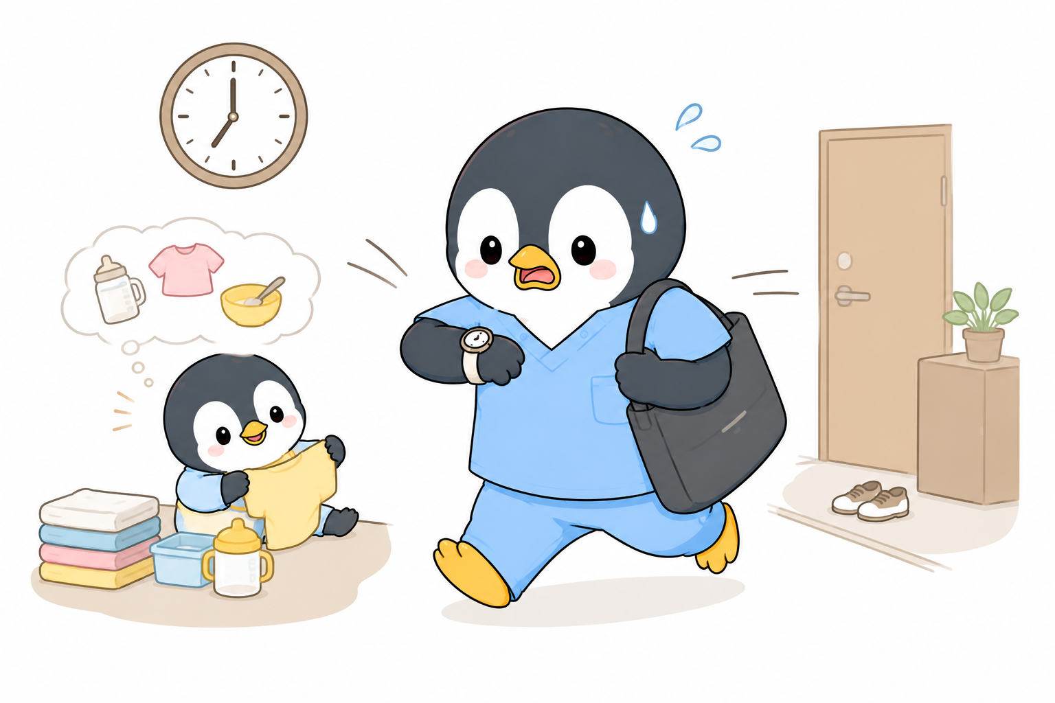 保育園の準備をする子どもの横で、時計を気にしながら急いで出勤しようとしている様子のイラスト。朝の準備に追われる育休復帰後の生活