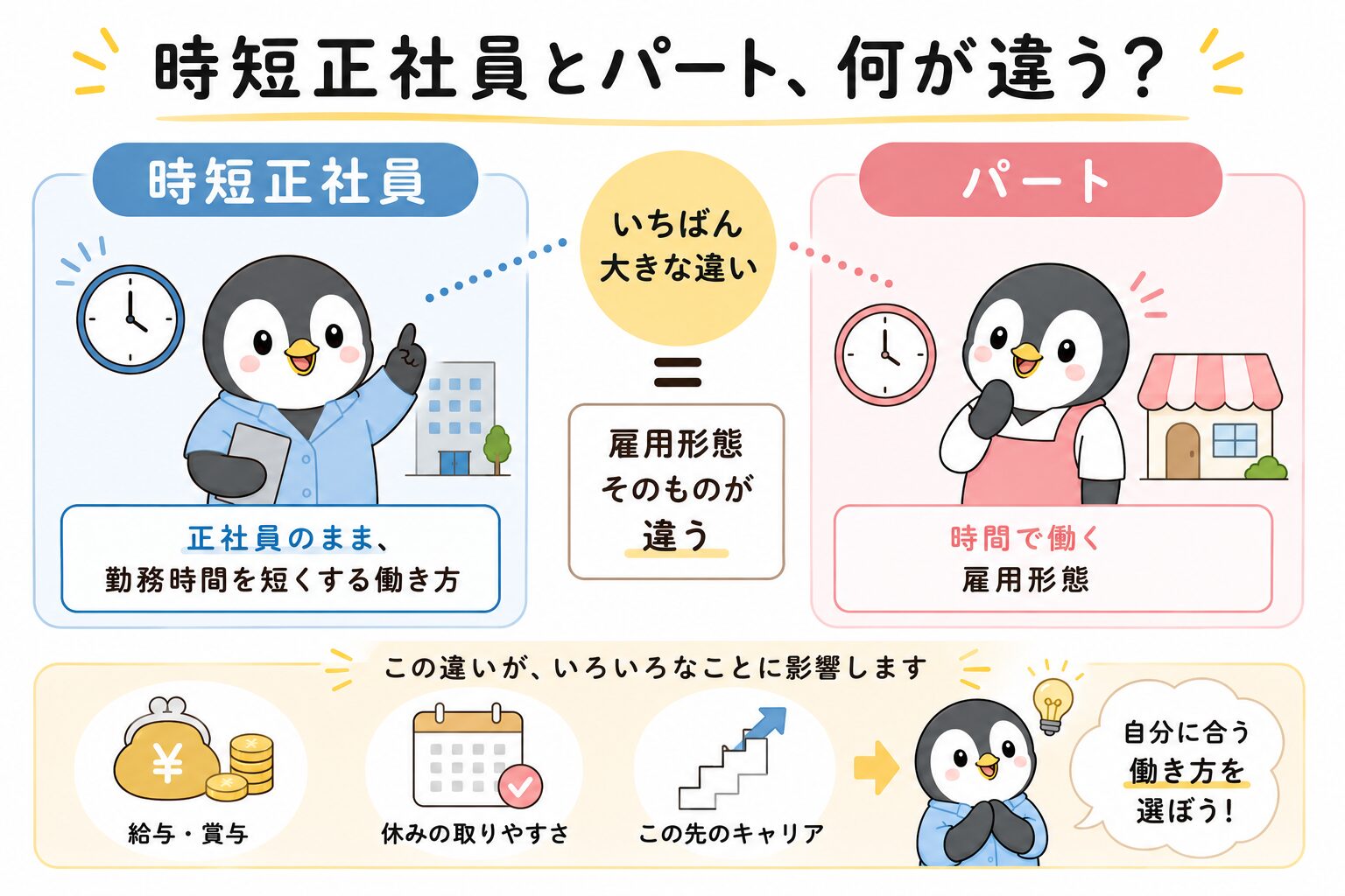時短正社員は正社員のまま勤務時間を短くする働き方、パートは時間で働く雇用形態という違いを表した図